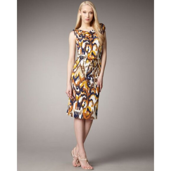 NWT Tory Burch Verda Dress XS Matmi Silk Ikat Midi Sheath Resort Cowl Neck - Picture 1 of 14